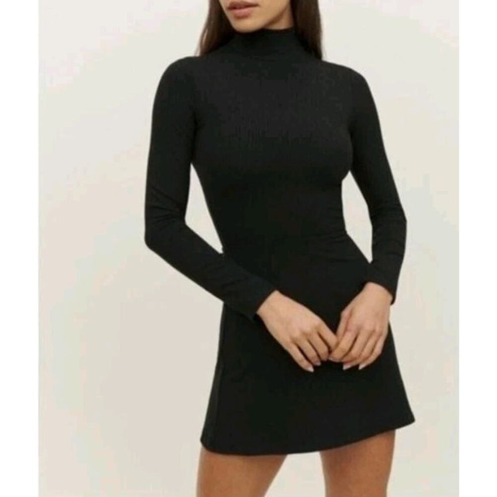Reformation Maya Black Mock Neck Long Sleeve Ribbed Mini Dress XS Minimalist